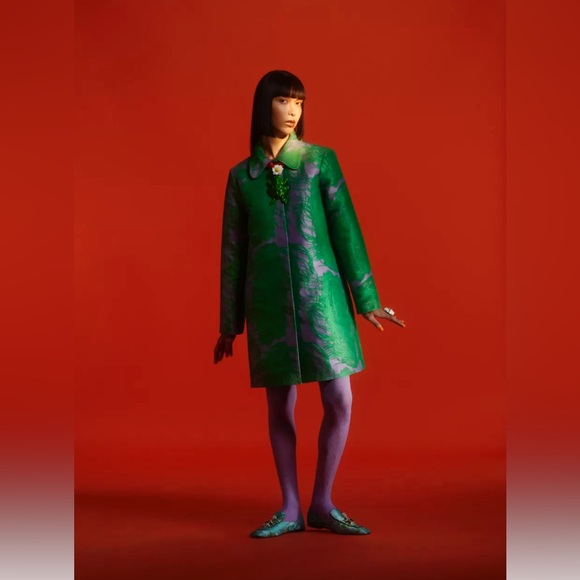 Iris Apfel x H&M Jacquard-weave Coat Jacket Feather print Purple Green XS - Picture 2 of 14